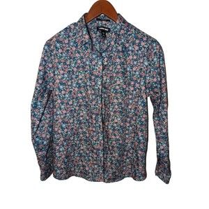 Lands End No Iron Supima Shirt  Blue Coral Floral Long‎ Sleeve Women's Size 10